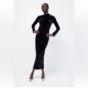 Zara Draped Velvet Maxi Dress Size Small Black Event Formal Party Vegas Date